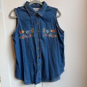 Vintage Tropical‎ Fish Embroidered Denim Tank Top XL Novelty Button Down Ocean